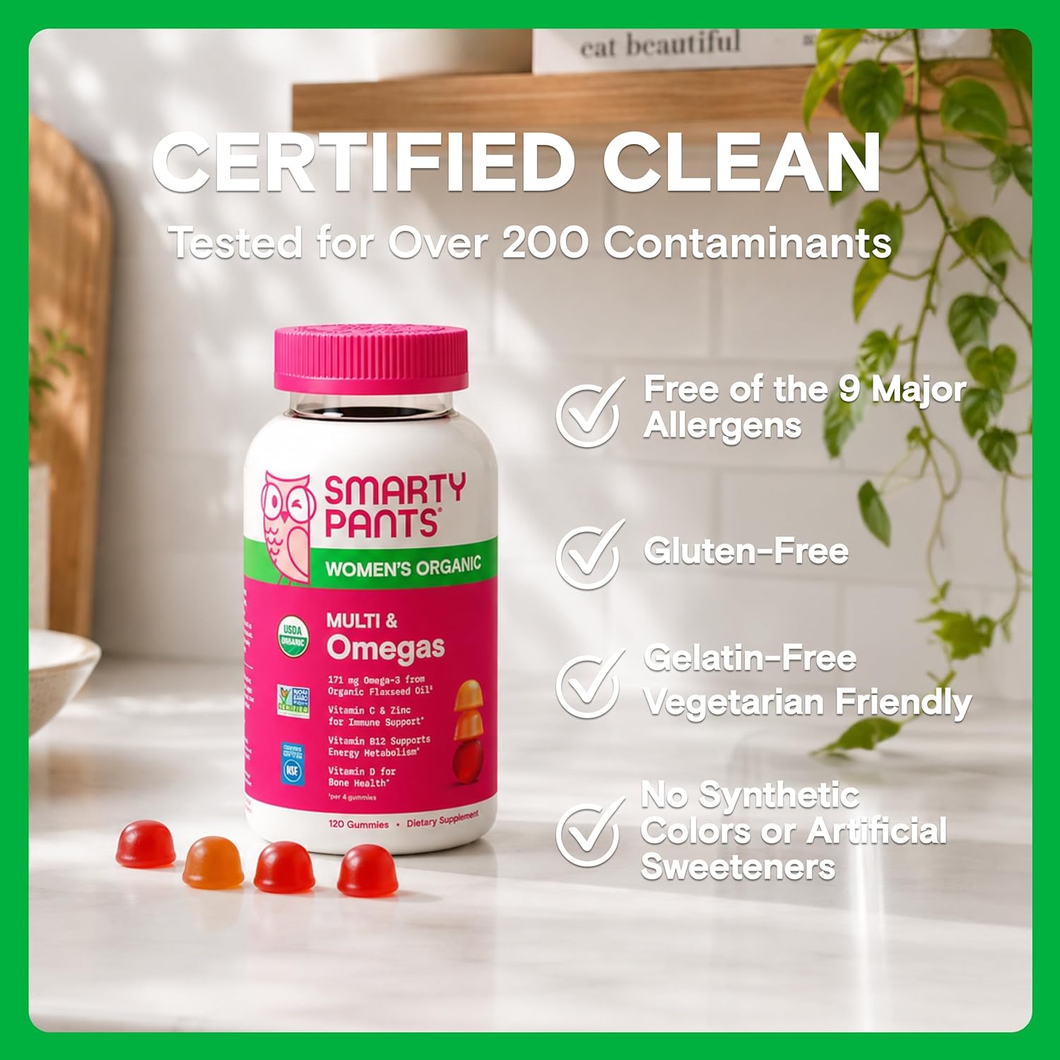 SmartyPants Organic Women's Multivitamin Gummies: Biotin, Methylfolate, Omega 3 (ALA), Vitamin D3, C, Vitamin B12, B6, A, K & Zinc, Inositol, Gluten Free, Vegetarian, 120 Count (30 Day Supply) - Image 9