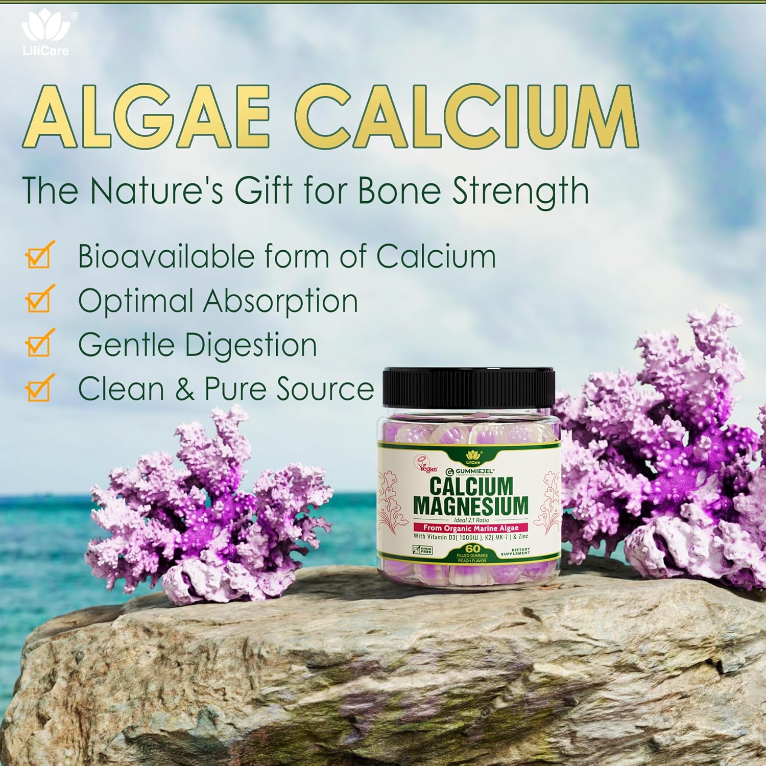 Plant Based Calcium Gummies 600mg with Vitamin D3 K2, Magnesium, Zinc for Bone Strength, Sugar Free Calcium Supplements for Women & Men (Certified Vegan) from Sustainably Organic Red Algae - 60 Counts - Image 4