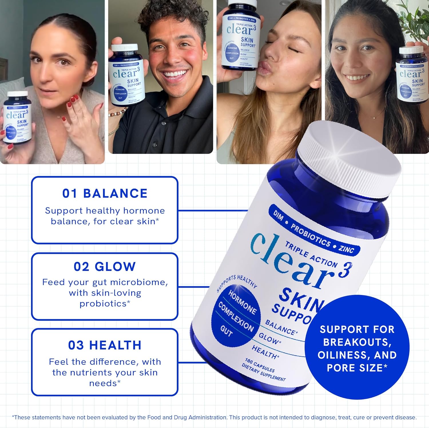 Clear Skin Supplement with Zinc, DIM & Probiotics | 3-in-1 Hormone, Gut & Complexion Support | Triple Action Hyaluronic Acid, Niaciminide & Vitamins for Skin Balance, Glow & Health Support | 180 Ct - Image 4