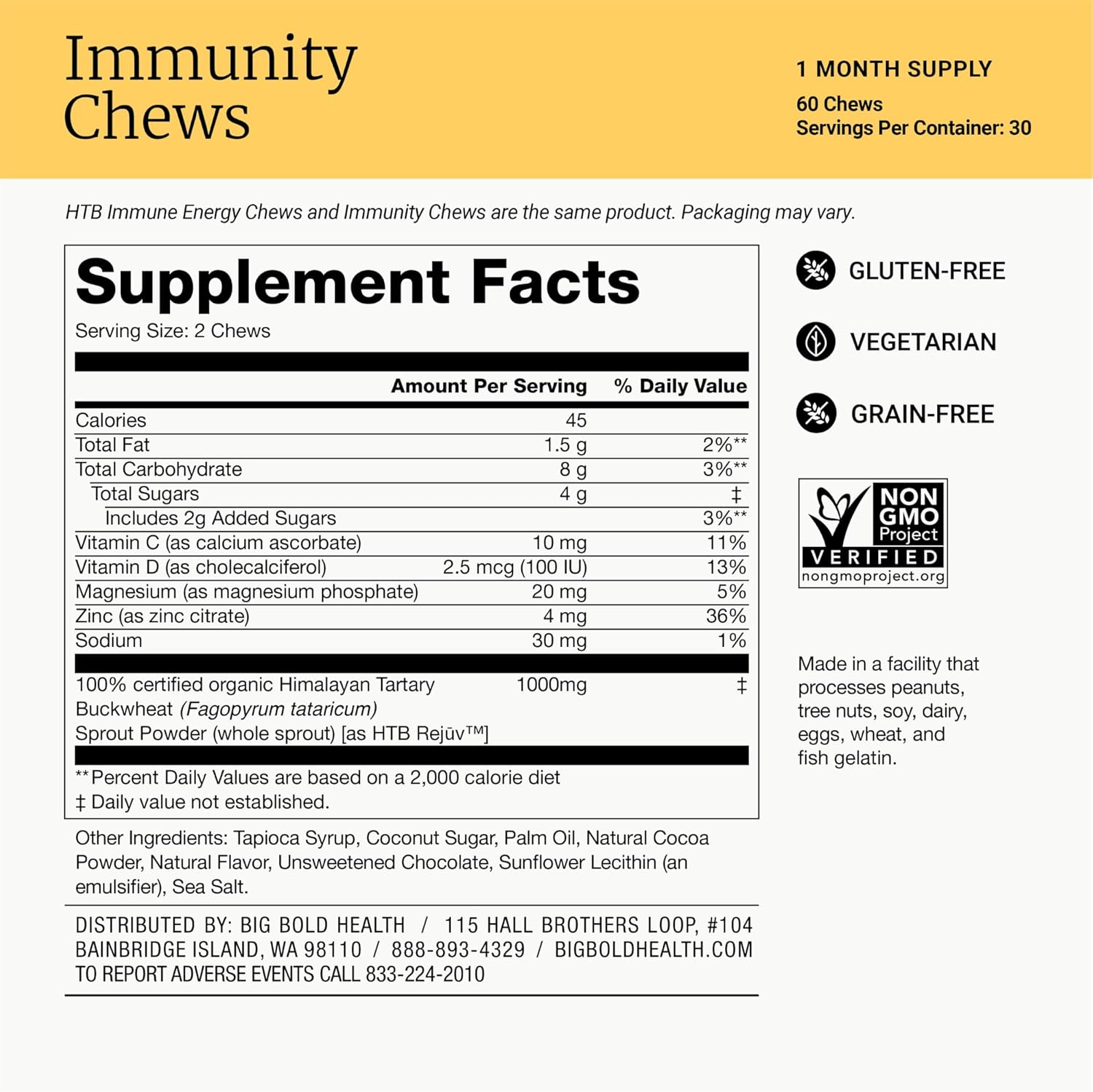 BIG BOLD HEALTH HTB Immunity Chews – Organic Himalayan Tartary Buckwheat Supplement to Support Natural Energy & Immune Function - Chocolate Flavor with Zinc, Magnesium & Vitamins (60 Chews) - Image 7