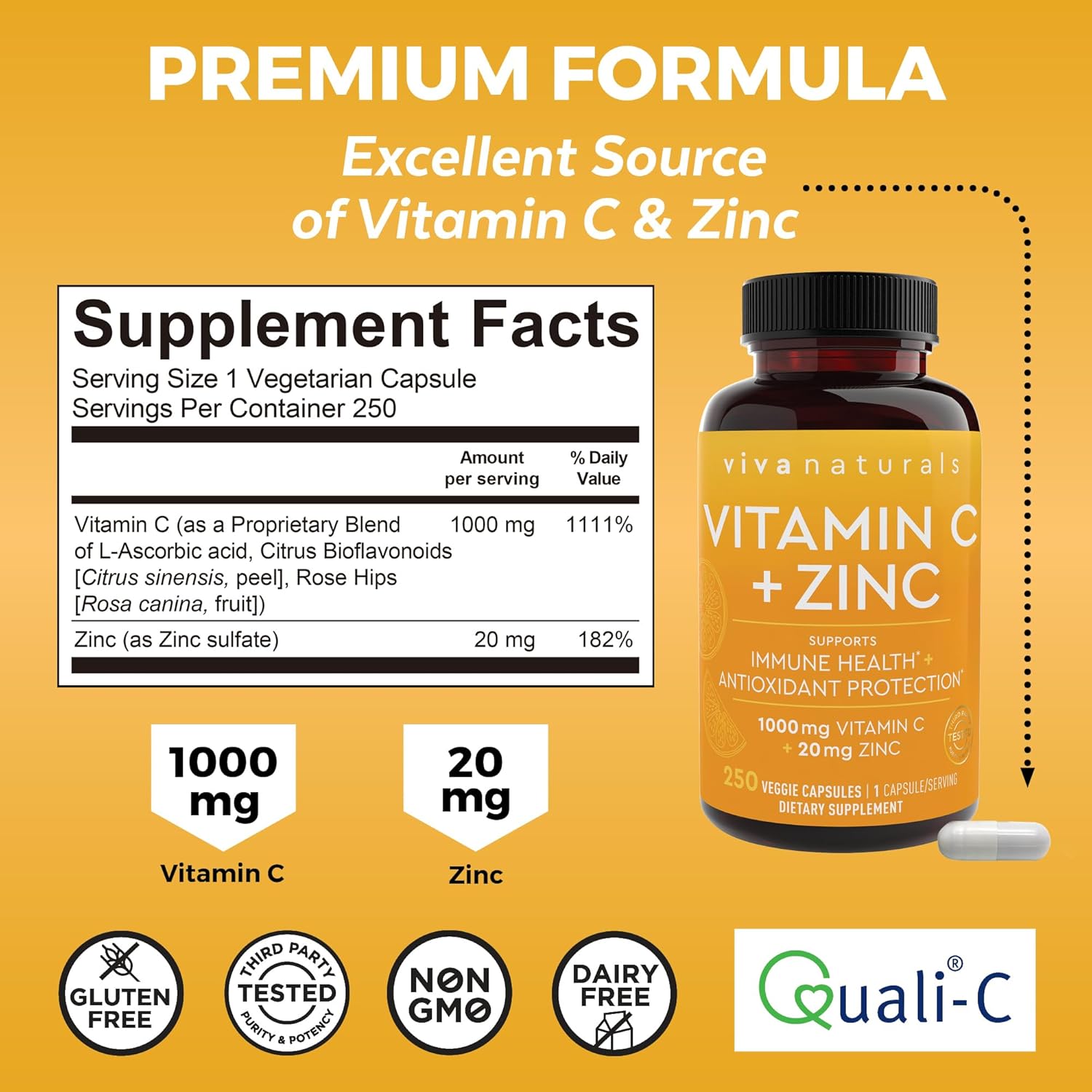 Viva Naturals 1000 mg Vitamin C and Zinc 20 mg Supplement - Proprietary Blend of Ascorbic Acid Vitamin C with Rose hips and Bioflavonoids for Immune Support -250 Veggie Capsules with 8 Months Supply - Image 2
