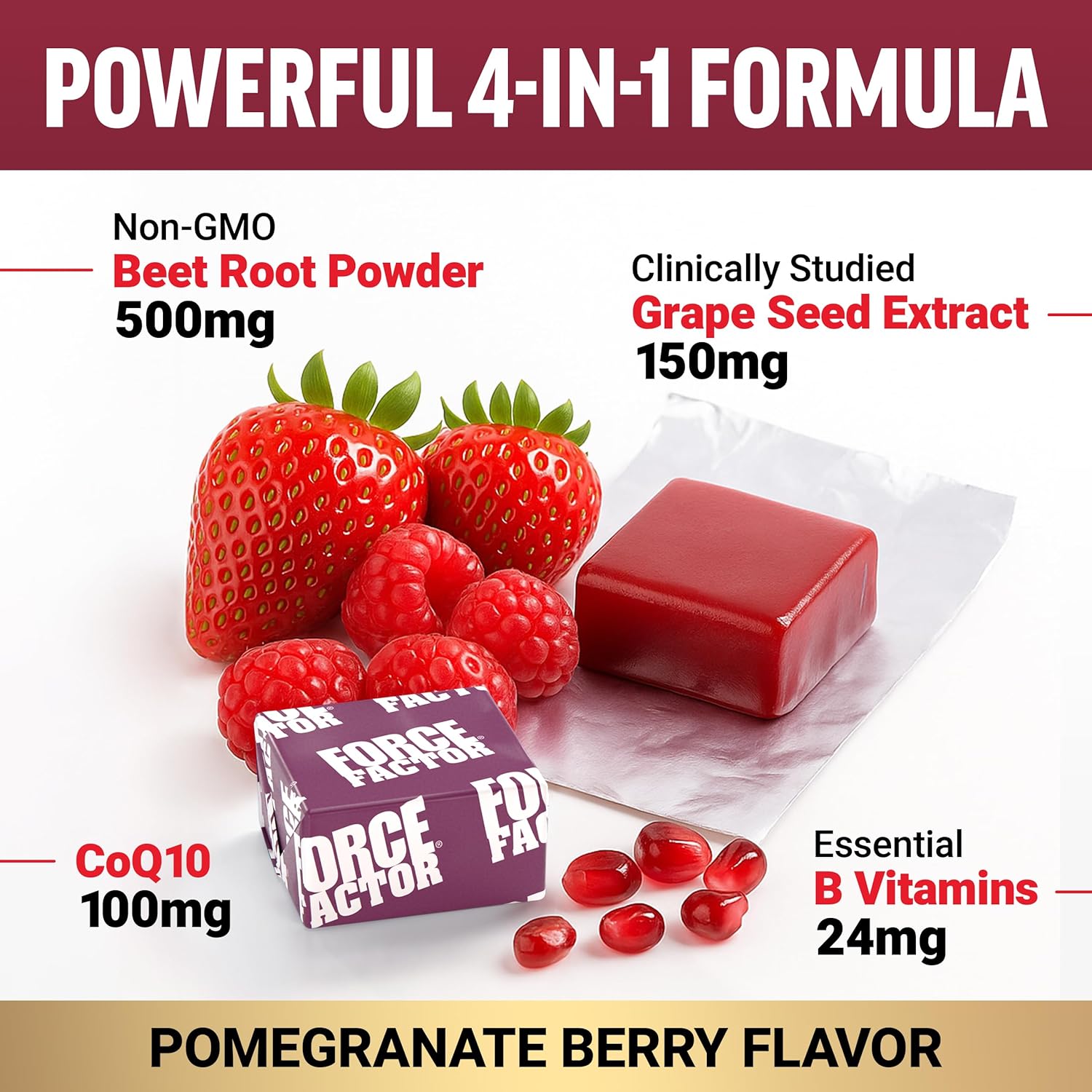 Force Factor Total Beets Ultimate Heart Health Chews for Blood Pressure Support, with Beetroot Powder, CoQ10, B Vitamins & Grapeseed Extract for Blood Flow & Energy, Pomegranate Berry, 60 Soft Chews - Image 4