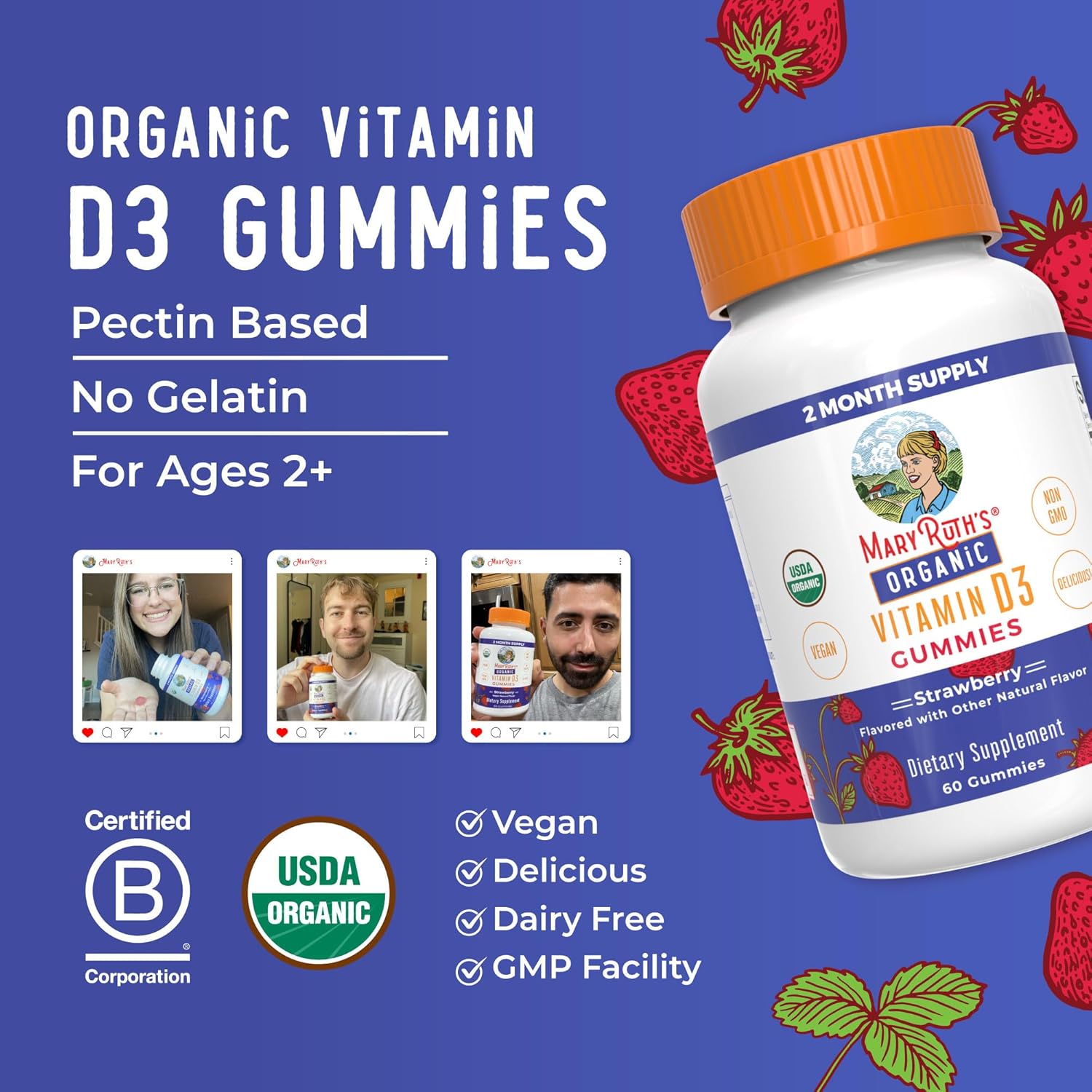 MARYRUTH'S Organic Vitamin D3 Gummies | 1000 IU | USDA Organic | Immune Support| Bone Health | Muscle Function | for Adults & Kids Ages 2+ | Vegan | Gluten Free | 2 Month Supply | 60 Count - Image 8
