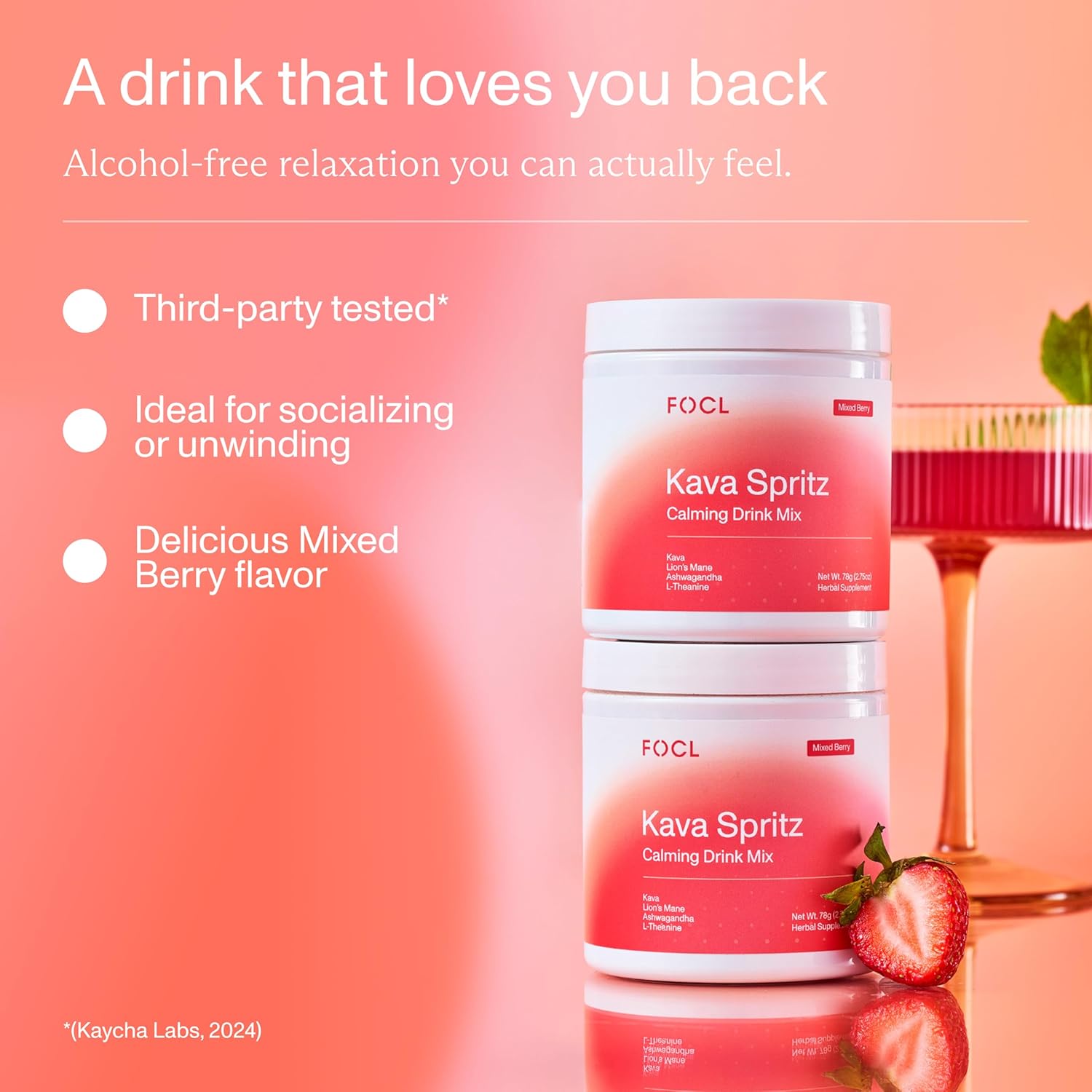FOCL Instant Kava Drink Mix - Refreshing Non-Alcoholic Calming Powdered Drink with Kava Extract, Lion’s Mane, Ashwagandha, L-Theanine - Sugar Free, Non-GMO - Mixed Berry Flavor -30 Servings - Image 8