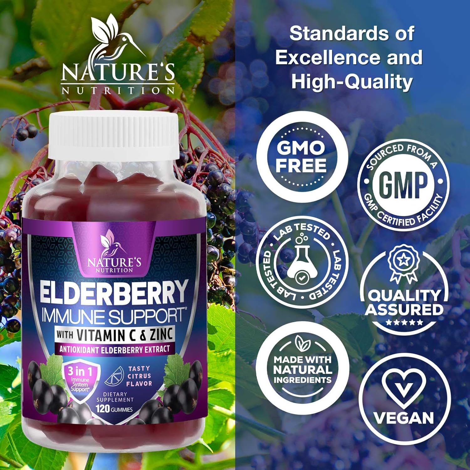 Elderberry Immune Support Gummies - 3X Strength Sambucus Elderberry Gummy with Vitamin C, D3 & Zinc - Nature’s Black Elderberry Extract - Immune Support Supplement for Adults & Kids - 120 Gummies - Image 4