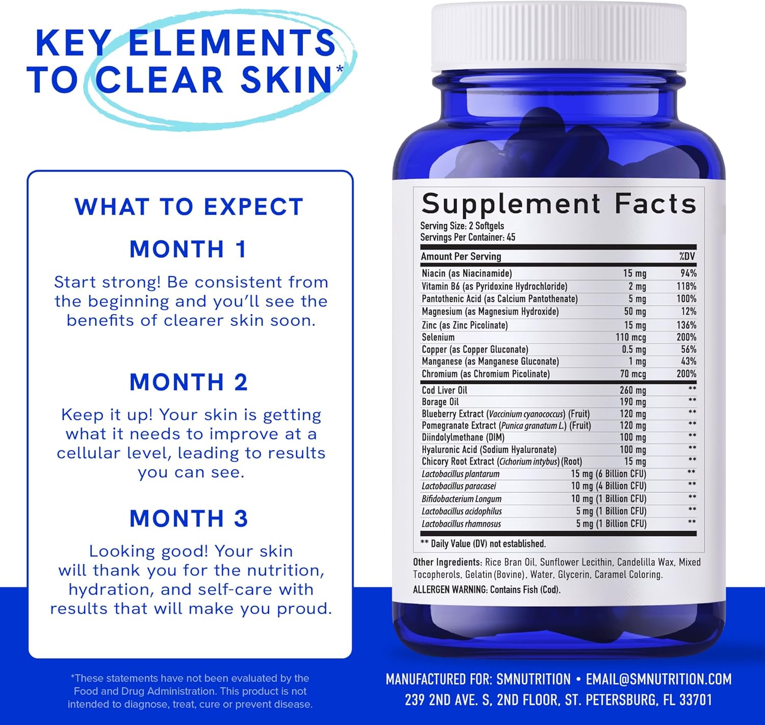 Clear Skin Supplement with Zinc, DIM & Probiotics | 3-in-1 Hormone, Gut & Complexion Support | Triple Action Hyaluronic Acid, Niaciminide & Vitamins for Skin Balance, Glow & Health Support | 180 Ct - Image 7
