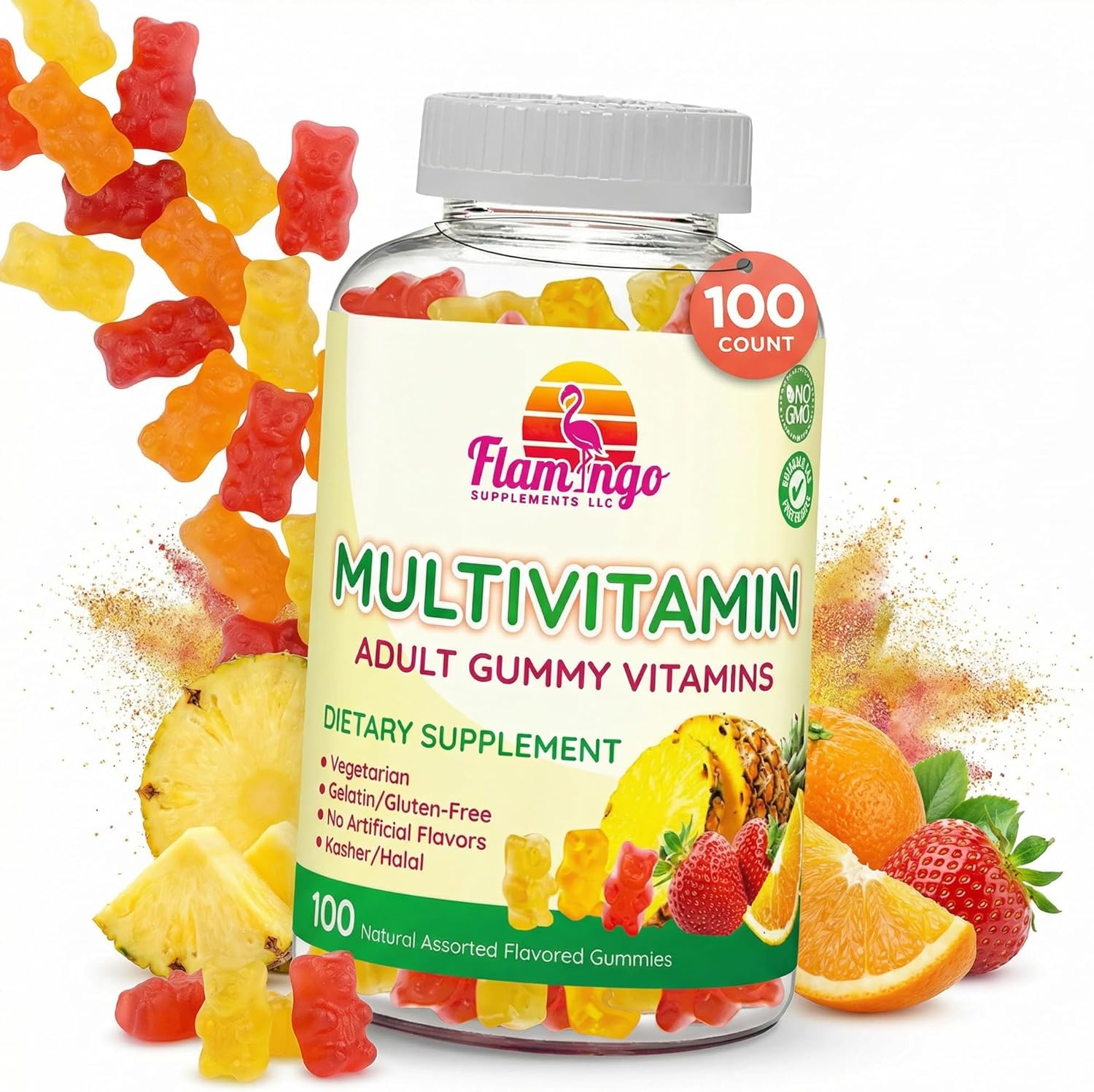 Flamingo Supplements Multivitamin Gummies | Vegan Friendly, Kosher Halal NO Gluten or Gelatin, no GMO| for Men, Women & Kids| 3 Natural Flavors | Vitamins C, B3, B12, Biotin, Zinc & More| 100 Gummies