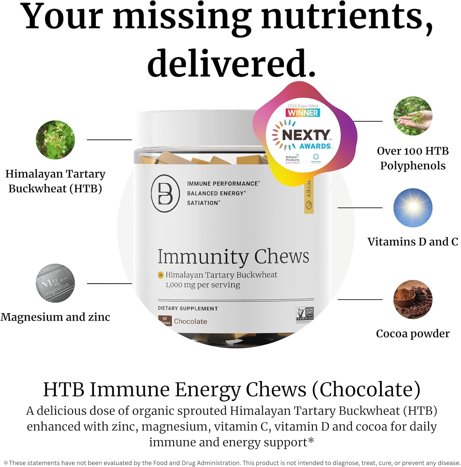 BIG BOLD HEALTH HTB Immunity Chews – Organic Himalayan Tartary Buckwheat Supplement to Support Natural Energy & Immune Function - Chocolate Flavor with Zinc, Magnesium & Vitamins (60 Chews) - Image 2