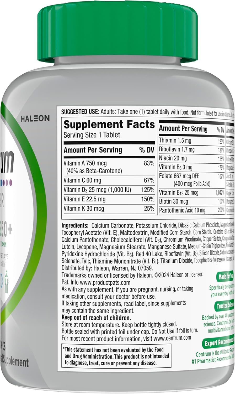 Centrum Silver Multivitamin for Adults 50 Plus, Multivitamin/Multimineral Supplement, Vitamin D3, B Vitamins, Gluten Free, Non-GMO Ingredients, Supports Memory and Cognition in Older Adults - 220 Ct - Image 11