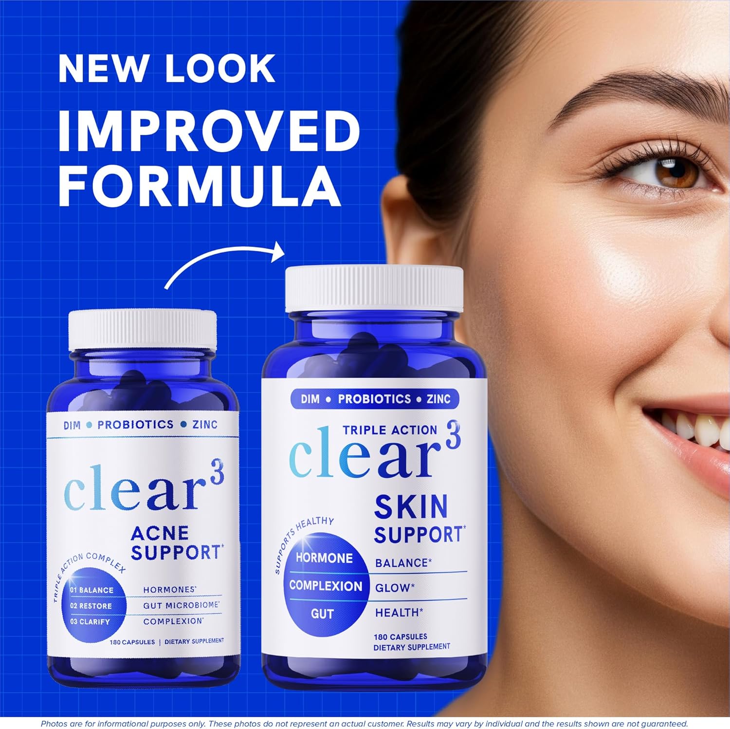 Clear Skin Supplement with Zinc, DIM & Probiotics | 3-in-1 Hormone, Gut & Complexion Support | Triple Action Hyaluronic Acid, Niaciminide & Vitamins for Skin Balance, Glow & Health Support | 180 Ct - Image 2