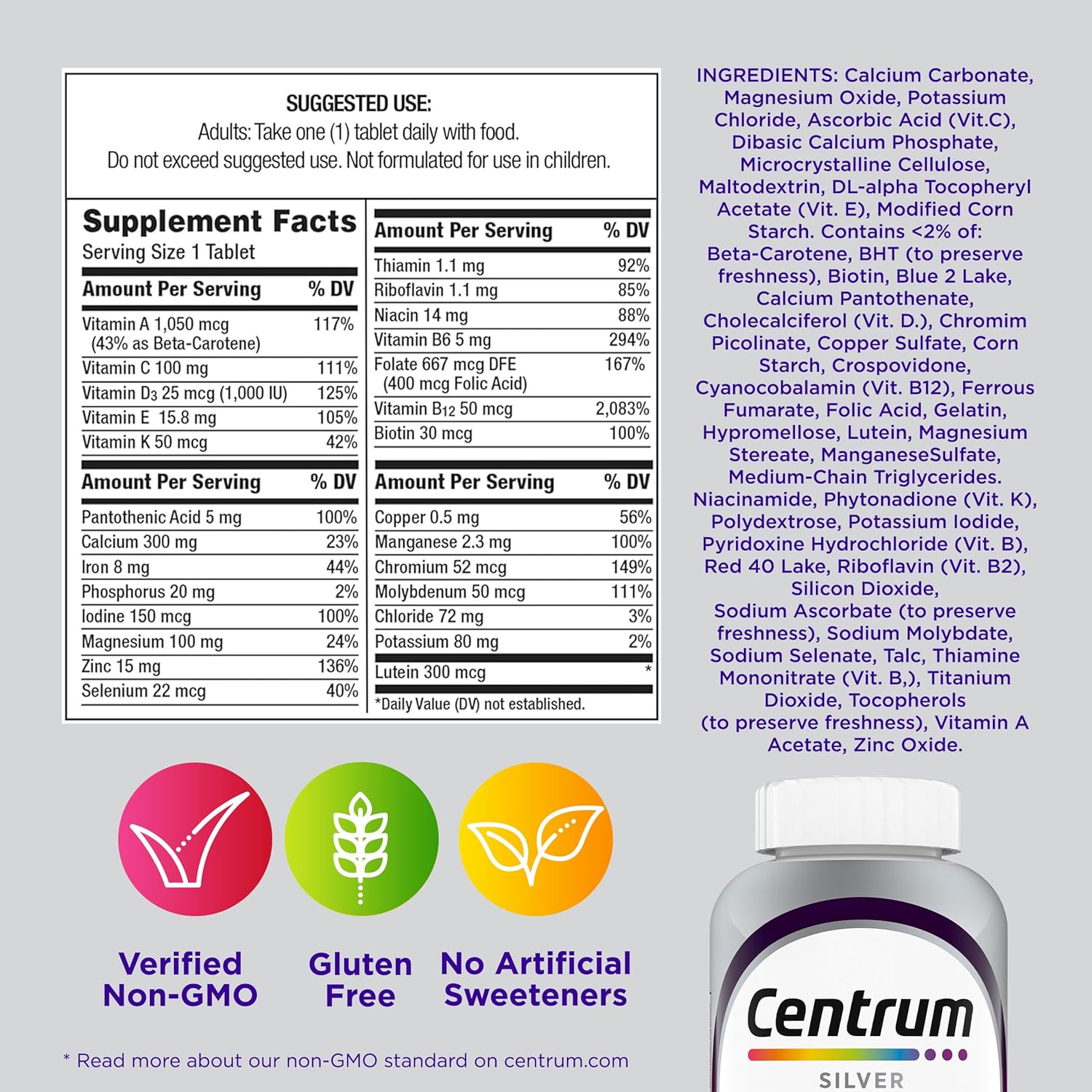 Centrum Silver Women's Multivitamin for Women 50 Plus, Multivitamin/Multimineral Supplement with Vitamin D3, B Vitamins, Non-GMO Ingredients, Supports Memory and Cognition in Older Adults - 100 Ct - Image 9