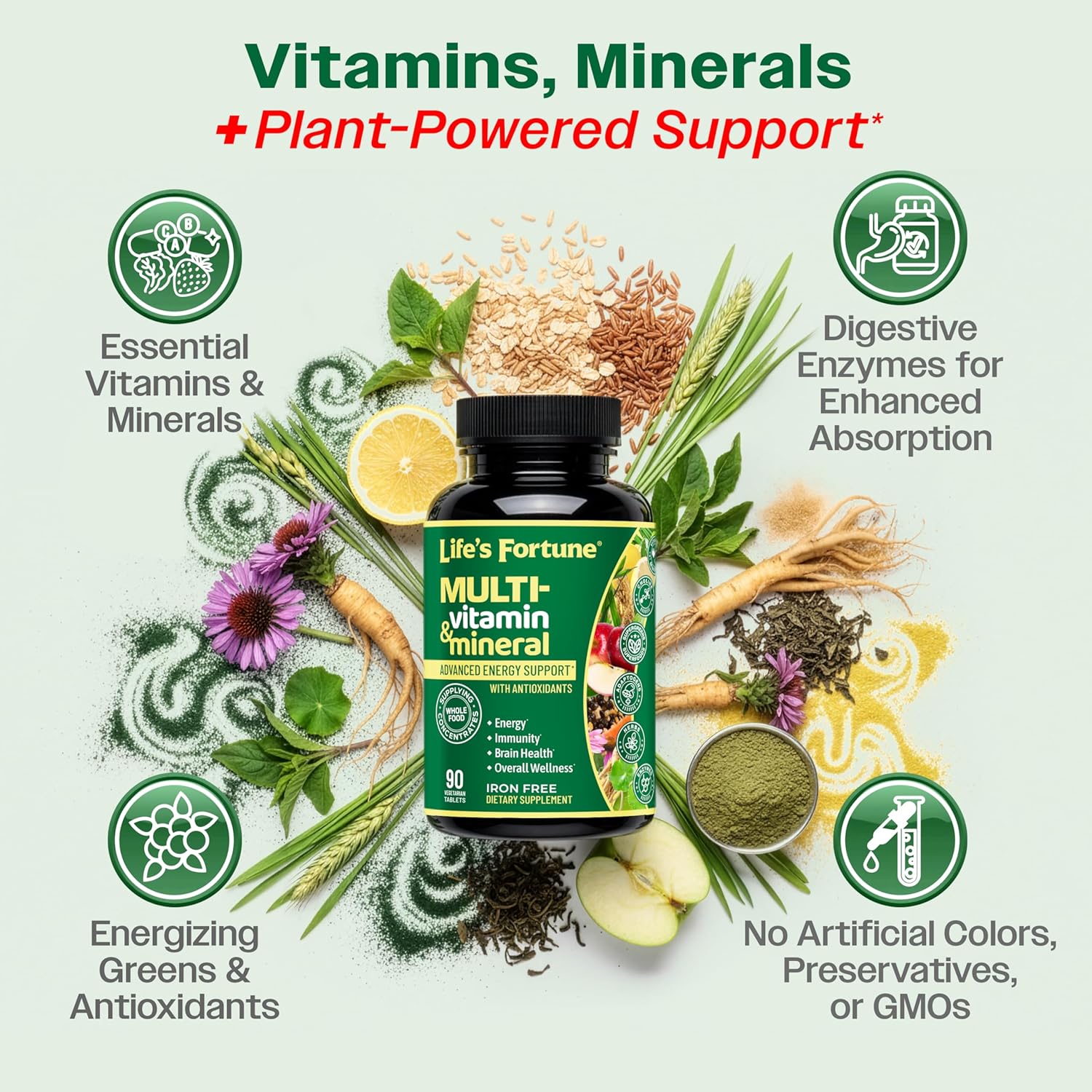 Life's Fortune Whole Food Multivitamin & Mineral Supplement for Men & Women – Energy Support Vitamins for Immune, Brain & Metabolism Support – Iron Free, 90 Vegetarian Tablets - Image 4
