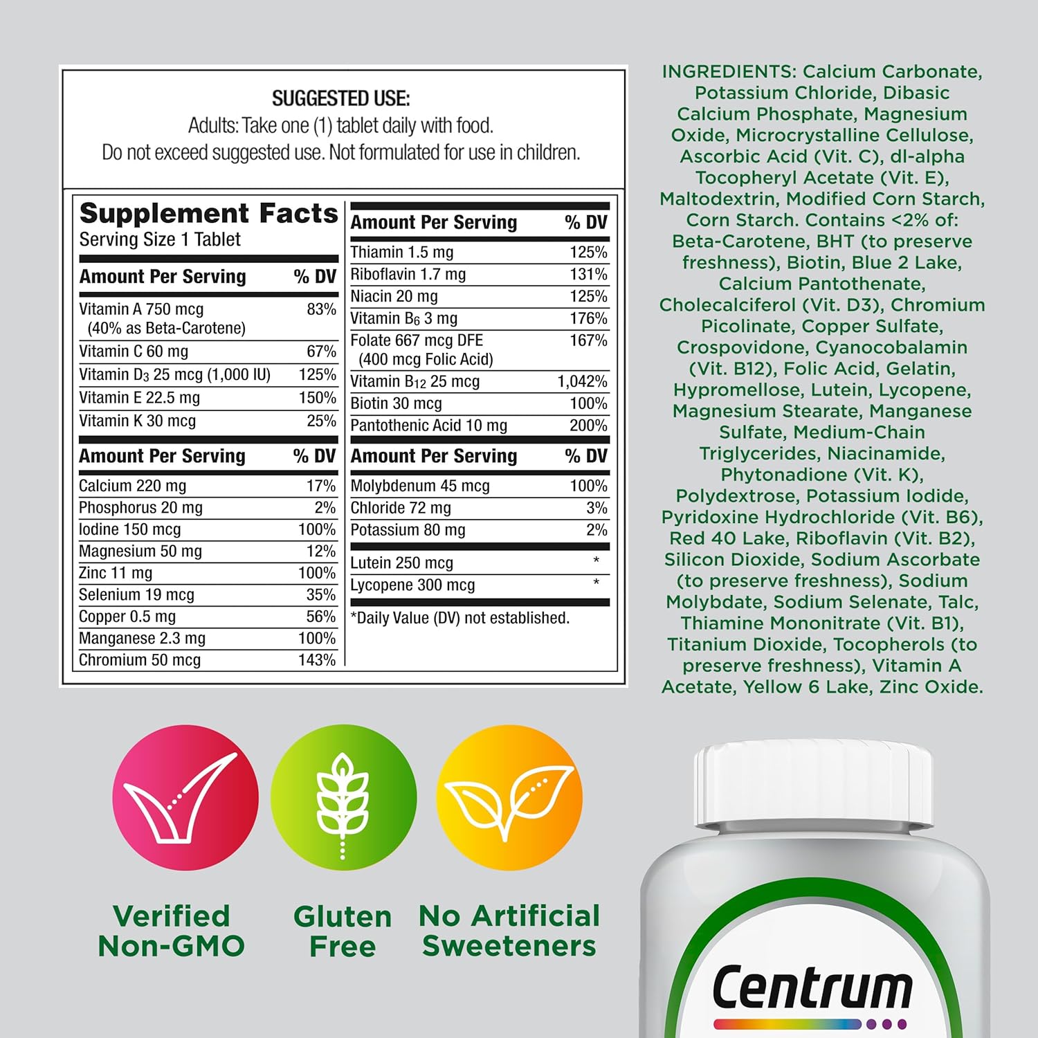 Centrum Silver Multivitamin for Adults 50 Plus, Multivitamin/Multimineral Supplement, Vitamin D3, B Vitamins, Gluten Free, Non-GMO Ingredients, Supports Memory and Cognition in Older Adults - 220 Ct - Image 8